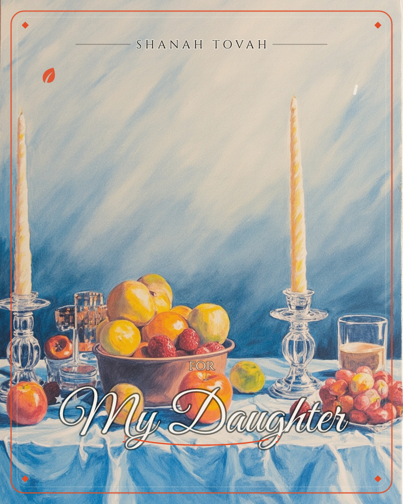 A classic still-life table setting glows against a smoky blue backdrop, with two tall twisted candles in glass holders flanking a bowl overflowing with…, a rosh hashanah e-card design