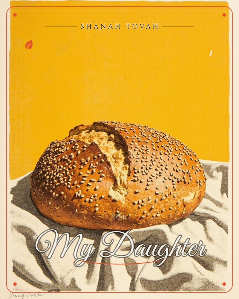 A round loaf of sesame-crusted bread sits torn open on rumpled fabric, its golden crumb catching the light against a bold mustard-yellow backdrop, a rosh hashanah e-card design