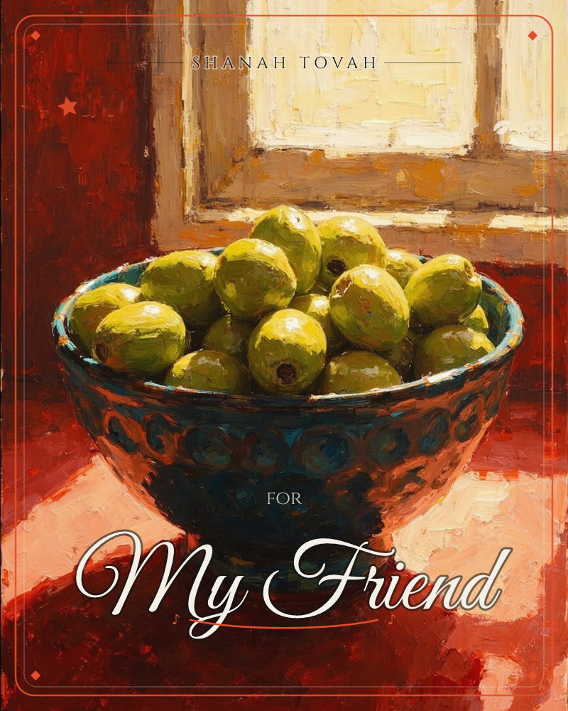 A still-life oil painting shows a dark teal, dotted bowl heaped with plump green fruit, set on a rust-red tabletop below a sunlit window frame, a rosh hashanah e-card design