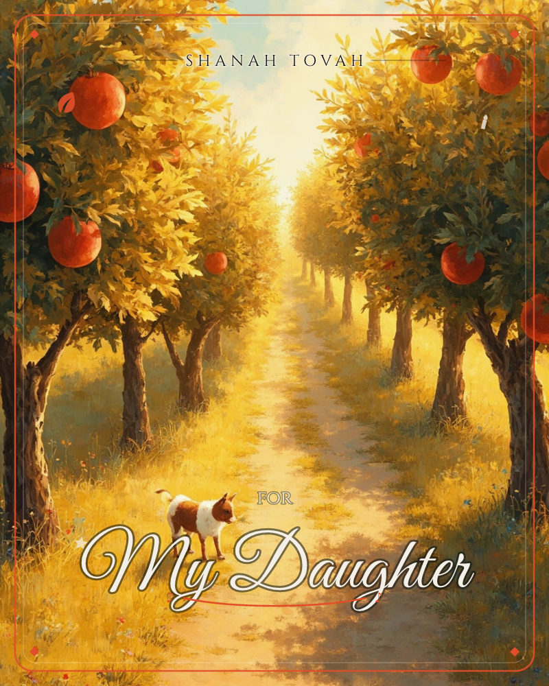 A sunlit apple orchard glows in golden late-afternoon light, rows of trees heavy with ripe red fruit lining a soft dirt path that stretches into a hazy…, a rosh hashanah e-card design