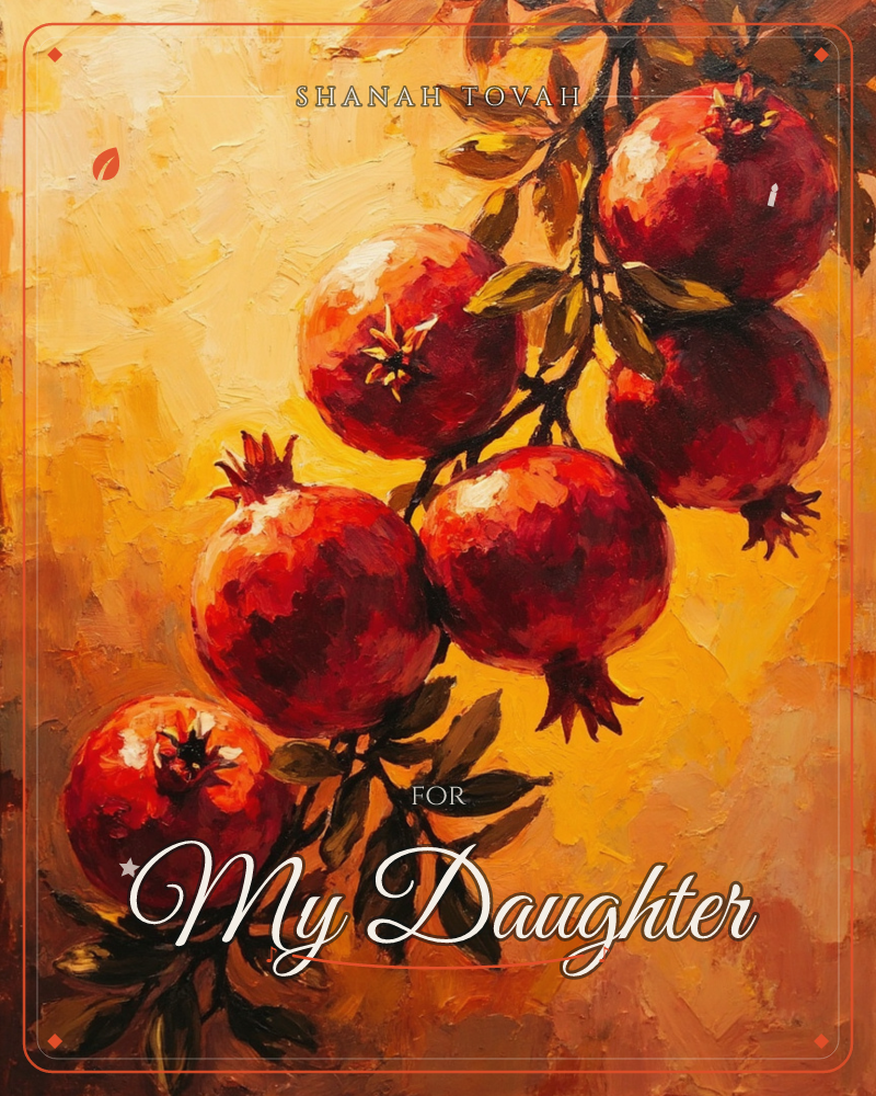 A cluster of ripe pomegranates hangs heavy on a leafy branch, their deep red skins catching thick, glowing highlights against a warm amber-to-gold…, a rosh hashanah e-card design