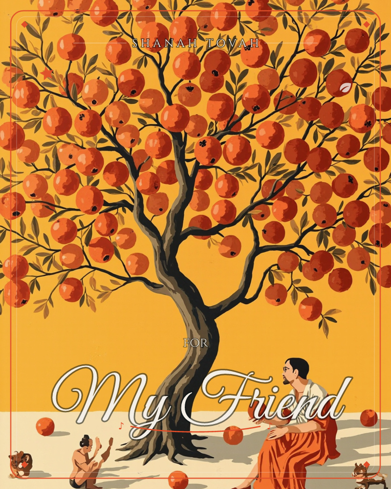A gnarled tree heavy with round orange fruit spreads across a glowing amber-yellow sky, its dark branches twisting like ink strokes, a rosh hashanah e-card design