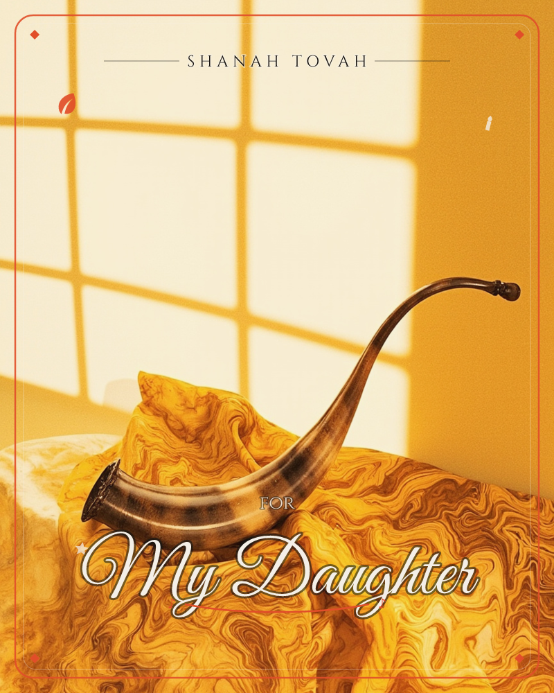 A curved shofar rests on a swirling, marbled golden cloth, its polished ridges catching warm afternoon light, a rosh hashanah e-card design