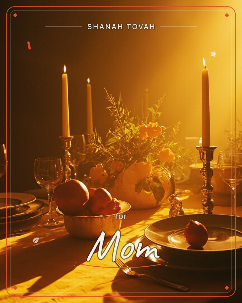 A candlelit dinner table glows amber in near-darkness, with tall tapered candles flickering beside a bowl of ripe pomegranates and a loose arrangement…, a rosh hashanah e-card design