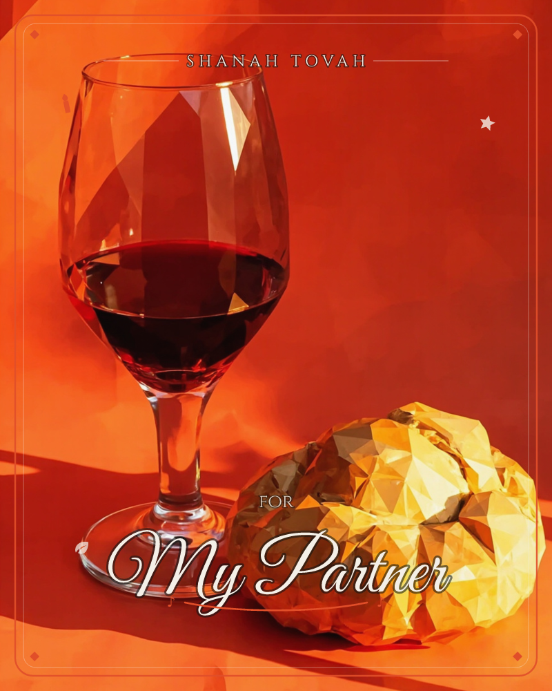 A faceted glass of dark red wine stands beside a crusty golden loaf of bread, both rendered with sharp, jewel-like low-poly facets against a glowing…, a rosh hashanah e-card design