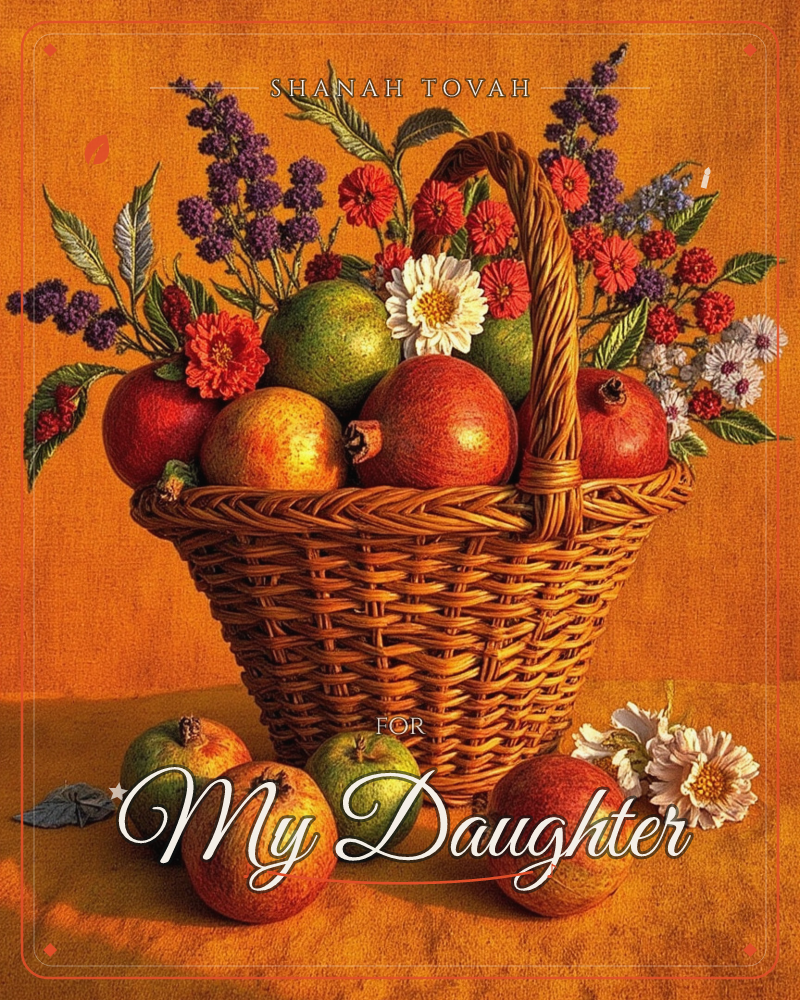 A woven wicker basket overflows with pomegranates, apples, and a burst of purple, red, and white flowers, set against a glowing amber backdrop, a rosh hashanah e-card design