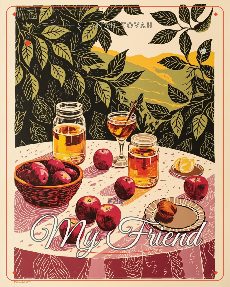 A table draped in a pink patterned cloth holds jars of golden cider, a stemmed glass with a cinnamon stick, a basket of red apples and a small pie, all…, a rosh hashanah e-card design