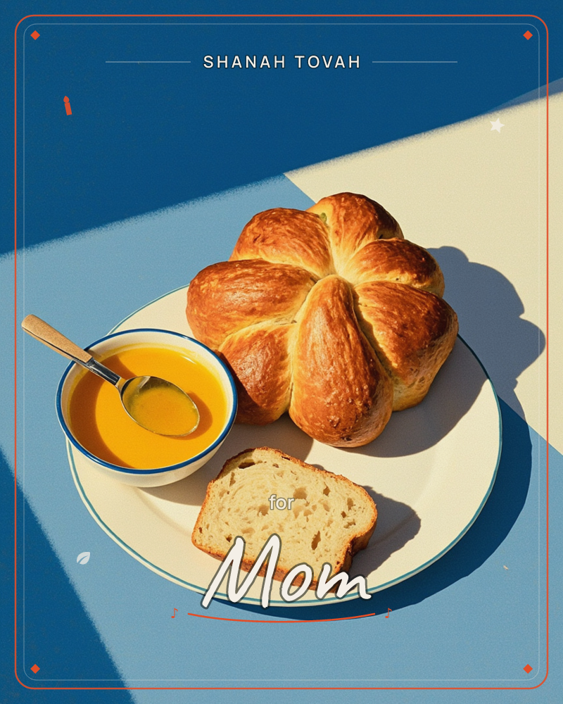 A flower-shaped braided loaf sits golden and glossy on a white plate, a cut slice showing its soft crumb beside it, with a small bowl of bright…, a rosh hashanah e-card design