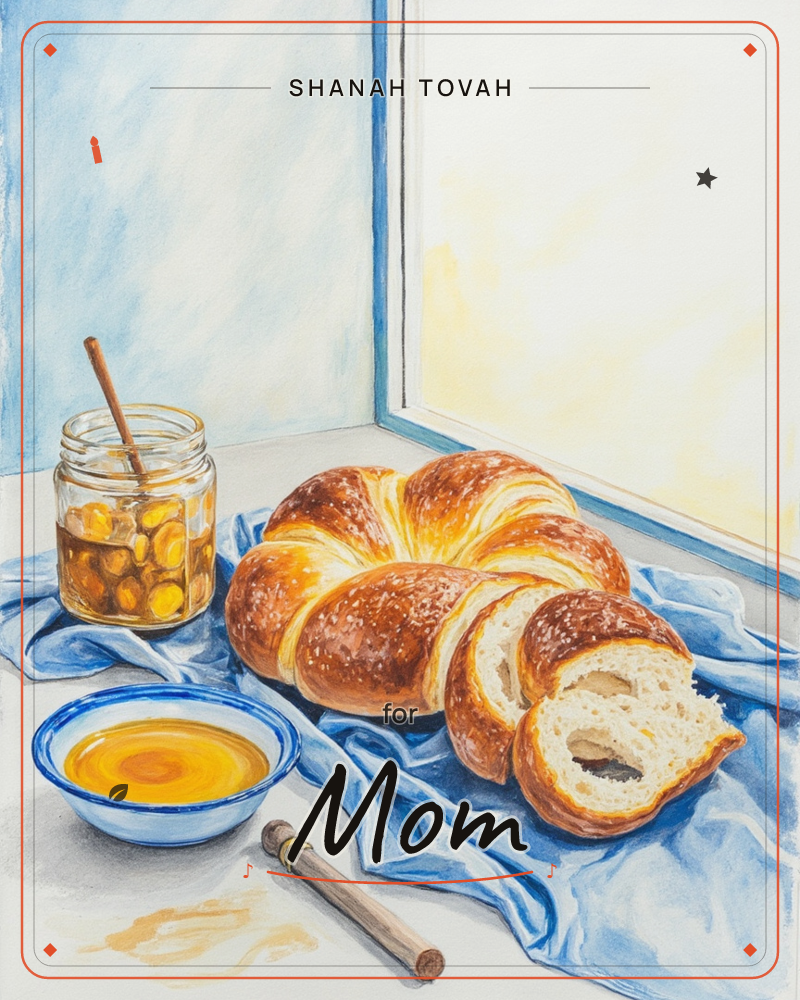 A round braided loaf sits sliced open on a blue cloth beside a bowl of oil and a jar of honey with dried fruit, set on a windowsill glowing with warm…, a rosh hashanah e-card design