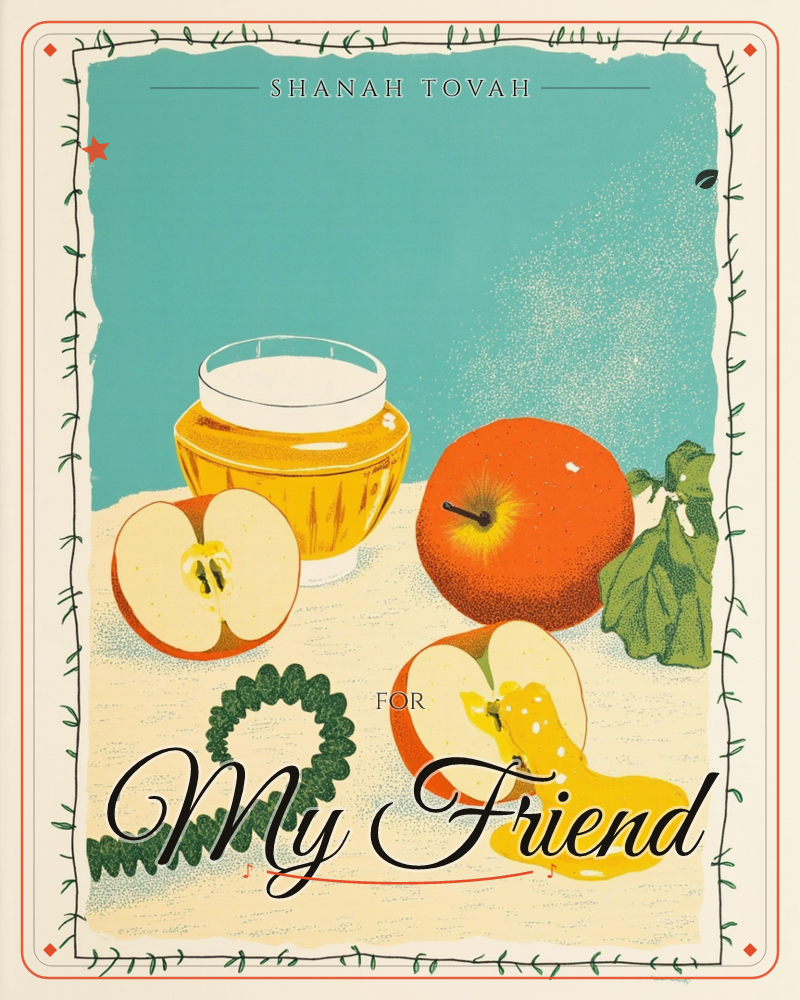 A still life shows a jar of honey with apples on a tabletop against a teal backdrop, one apple sliced open and drizzled with golden honey, a rosh hashanah e-card design