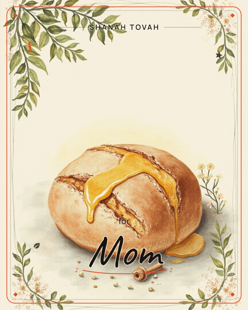 A round loaf of crusty bread sits centre stage with golden honey dripping thickly from its scored top, pooling onto a small wooden honey dipper and…, a rosh hashanah e-card design