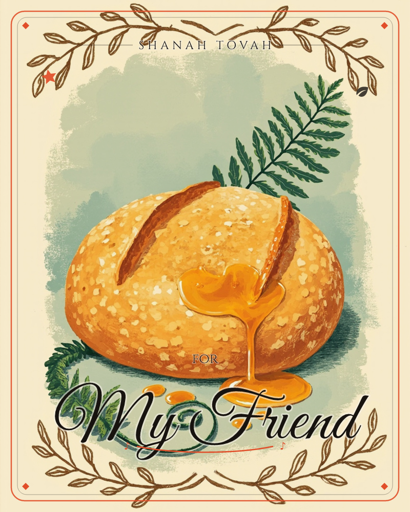 A round, deeply-scored loaf of bread sits against a soft sage-blue background, honey pooling and dripping down its golden crust into small puddled…, a rosh hashanah e-card design