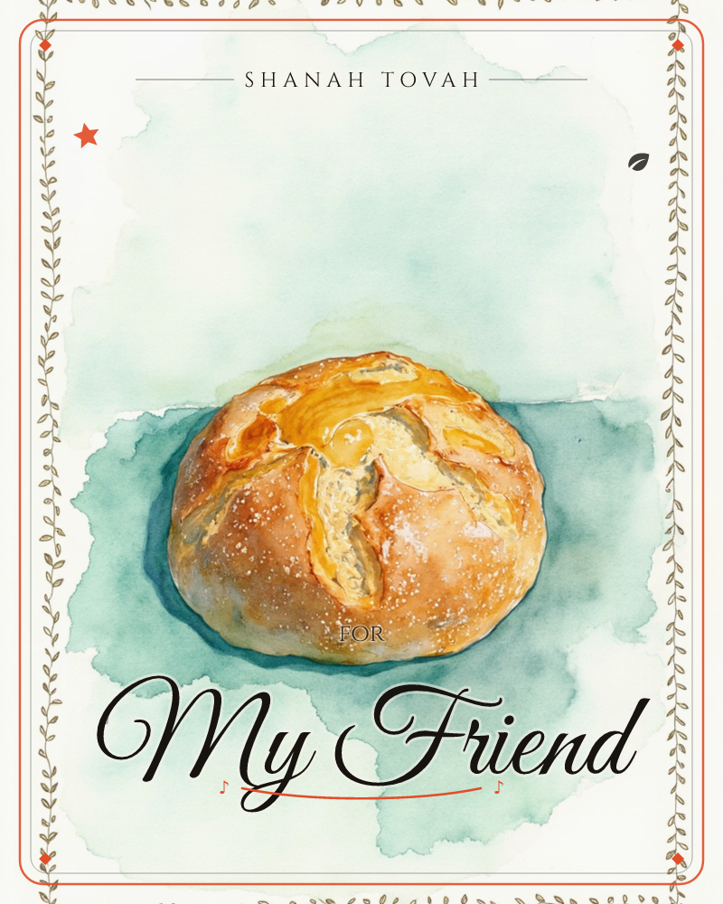 A round loaf of crusty bread sits centre stage, its scored top glowing gold and amber where the crust has split open in the baking, a rosh hashanah e-card design