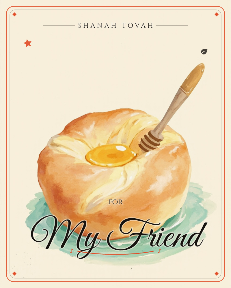 A golden pastry roll sits on a soft teal watercolour puddle, its center pooled with honey and a wooden honey dipper stuck upright into it, a rosh hashanah e-card design