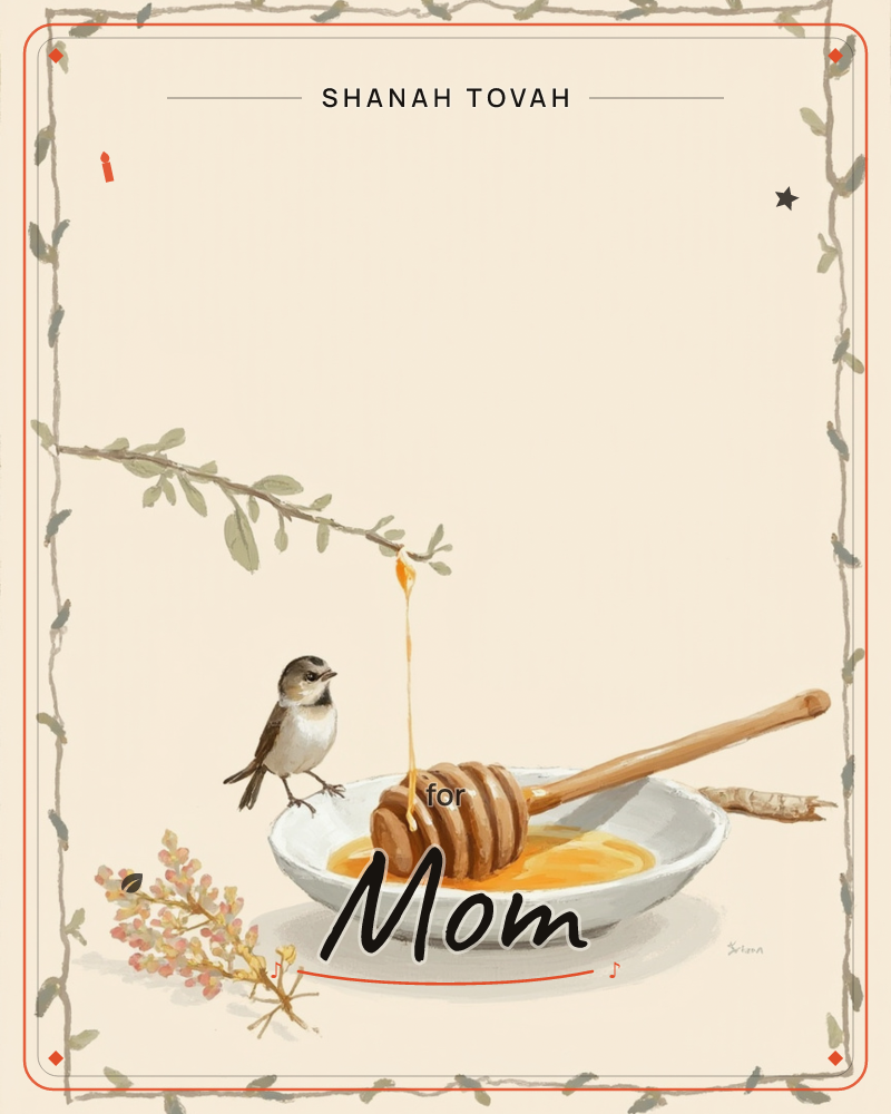 A small speckled bird perches on the rim of a white dish, watching honey drip slowly from a wooden dipper into the pool below, a rosh hashanah e-card design
