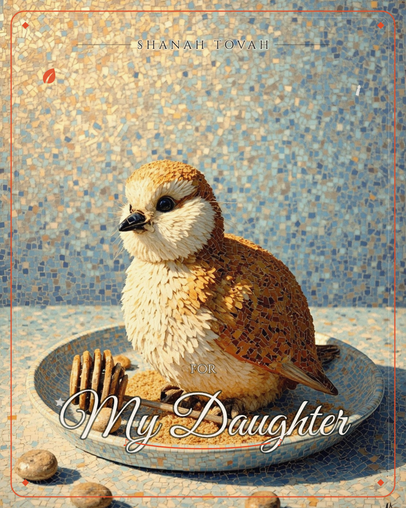 A round, fluffy young owl made entirely of tiny mosaic tiles perches inside a matching mosaic bowl, surrounded by scattered breadcrumb-like pebbles and…, a rosh hashanah e-card design