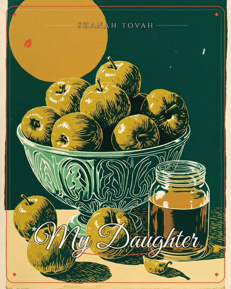A carved pedestal bowl overflows with golden apples, more scattered on the table below beside a jar of amber preserves, all set against a deep…, a rosh hashanah e-card design
