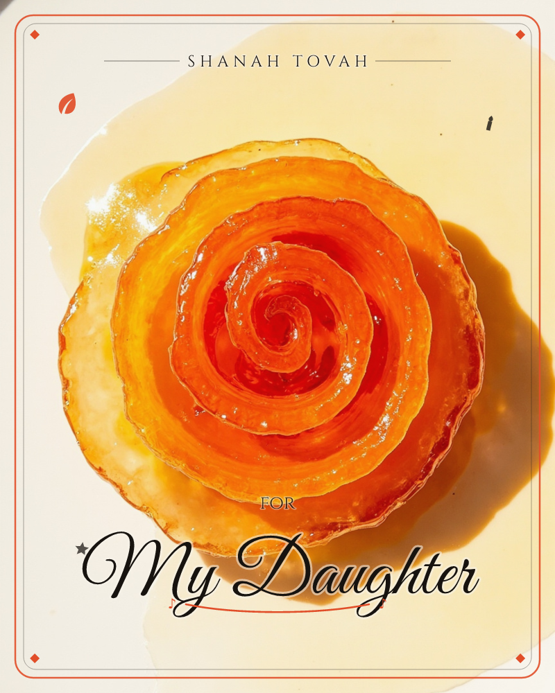 A glossy glass swirl glows like a rose caught mid-bloom, its spiral of amber and burnt orange layered thick with light, a rosh hashanah e-card design