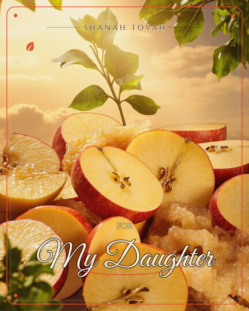 A pile of apples sliced in half reveals their pale flesh and seeds, scattered among mounds of grated apple, with a small leafy sprig rising from the…, a rosh hashanah e-card design