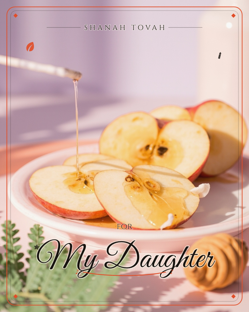 Sliced red apples sit on a white plate with golden honey drizzled over them from a dipper above, catching the warm light, a rosh hashanah e-card design