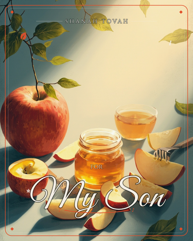 A still life shows a whole red apple with its leafy stem still attached beside a small open jar of golden honey and a matching glass cup of tea, a rosh hashanah e-card design