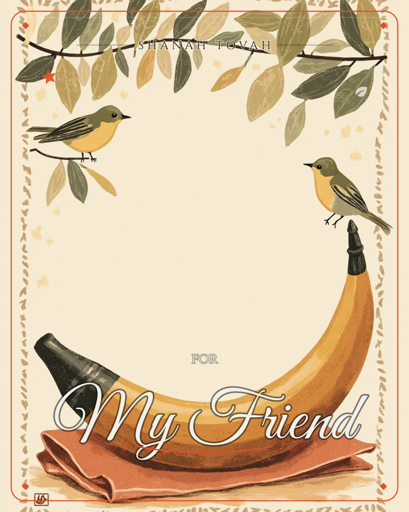 A pair of small yellow-breasted birds perch on a leafy branch and on the tip of a large curved powder horn resting on a folded rust-orange cloth, a rosh hashanah e-card design