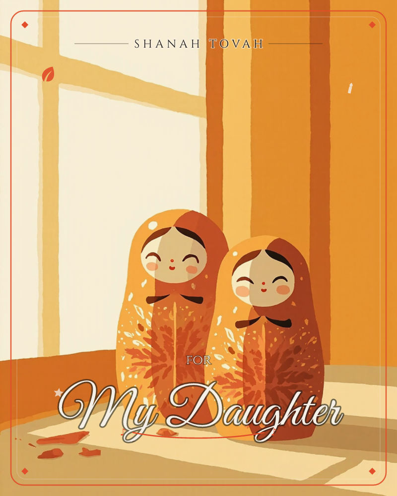 Two matryoshka-style nesting dolls sit side by side on a sunlit windowsill, their painted faces smiling gently with closed eyes, a rosh hashanah e-card design