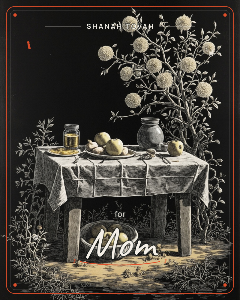 Against a deep black background, a linen-draped table holds a still life of apples, garlic bulbs, a honey jar, and a stone crock, lit as if by a single…, a rosh hashanah e-card design