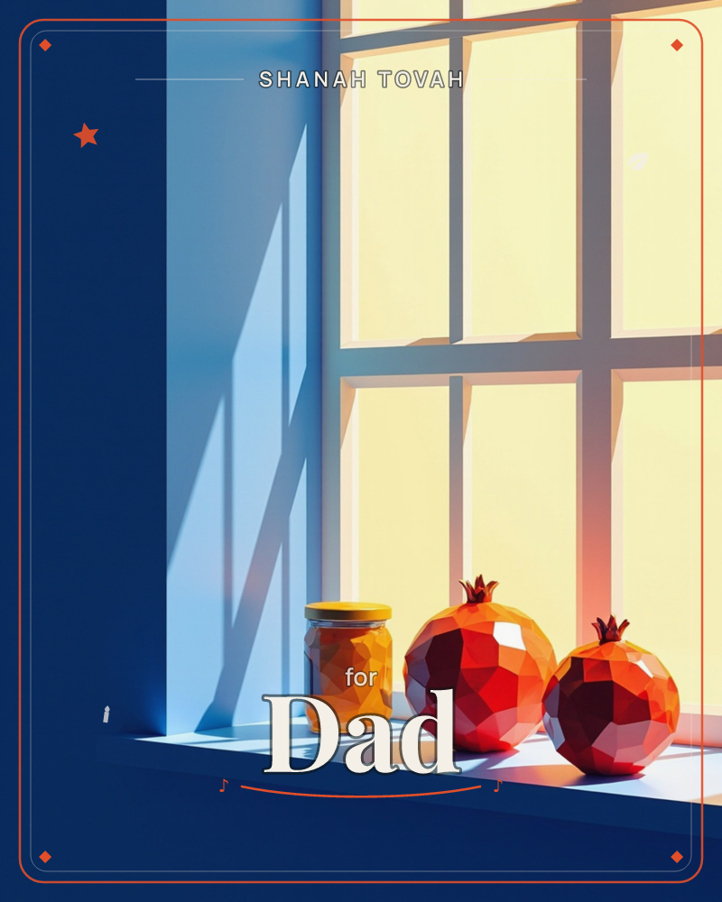 A low-poly 3D still life shows two faceted pomegranates and a small jar of preserves lined up on a windowsill, glowing gold as warm light pours through…, a rosh hashanah e-card design