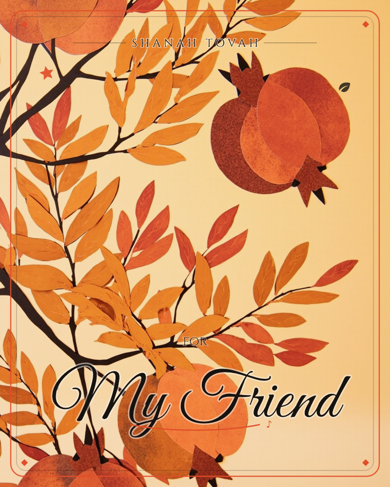 A pomegranate branch stretches across a warm amber background, its orange and red leaves layered like cut paper, a rosh hashanah e-card design