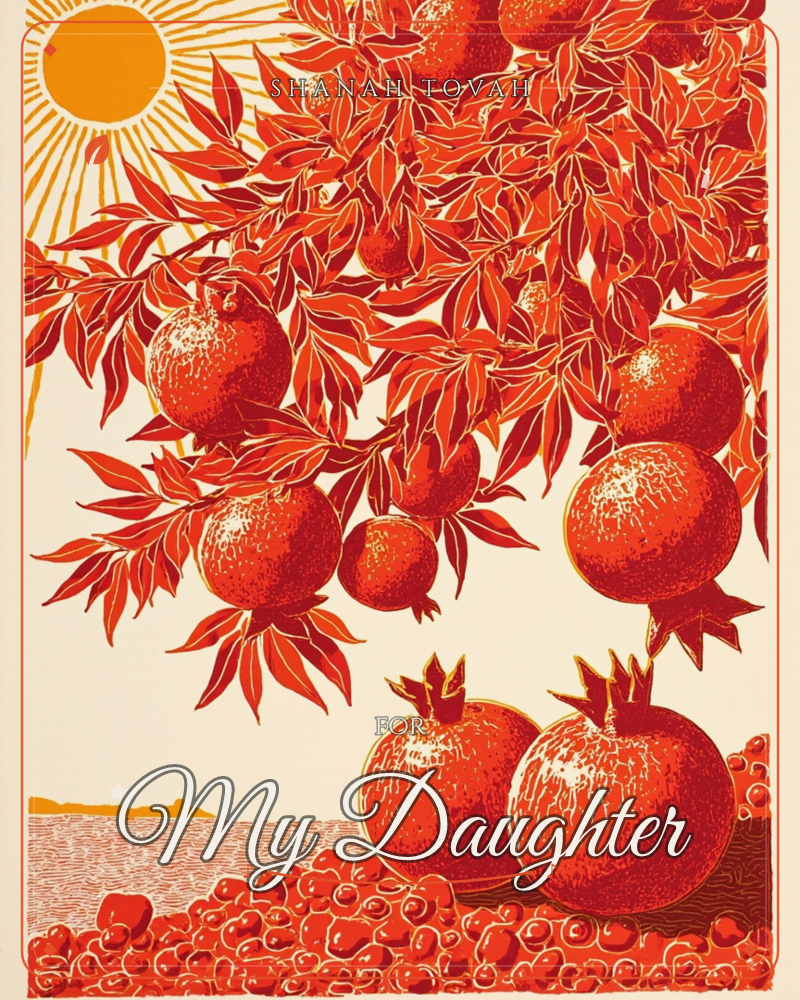 A pomegranate tree hangs heavy with fruit and slender leaves under a radiant sun in the upper corner, printed in layered oranges and reds like a woodcut, a rosh hashanah e-card design
