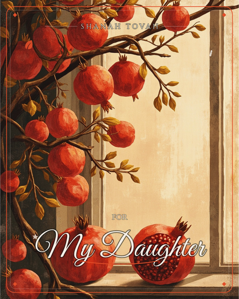 A pomegranate branch heavy with ripe red fruit arches across a warm windowsill, its golden leaves catching soft afternoon light, a rosh hashanah e-card design