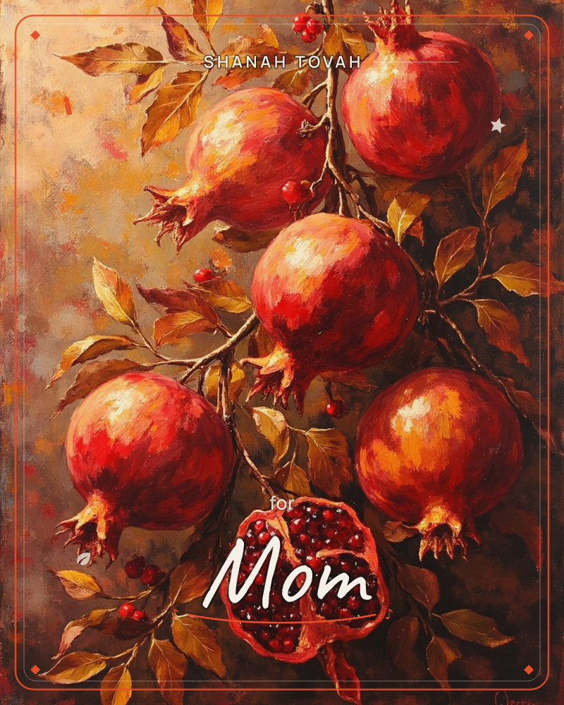 A cluster of ripe pomegranates hangs heavy on a leafy branch, painted in thick, glowing strokes of red and gold, a rosh hashanah e-card design