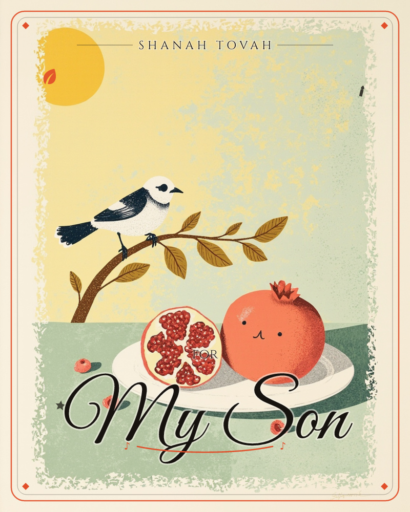 A black-and-white bird perches on a leafy branch above a white plate holding a whole pomegranate with a cheeky drawn-on face and its halved twin…, a rosh hashanah e-card design