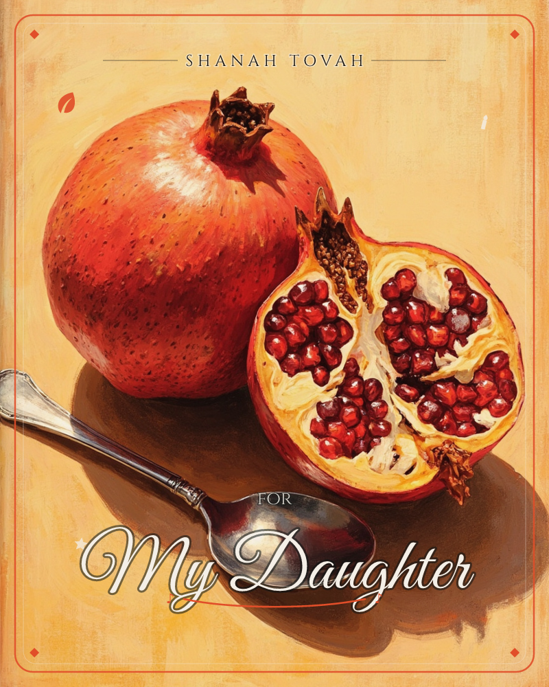 A whole pomegranate and its cut half sit on a dark, glossy tabletop beside an old silver spoon, all lit warmly against a soft ochre background, a rosh hashanah e-card design