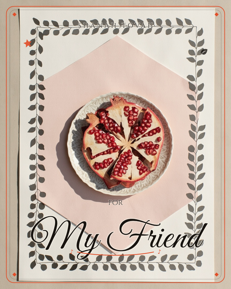 A halved pomegranate sits on a small patterned plate, its seeds fanned open in glistening ruby segments, set against a dusty pink diamond shape and…, a rosh hashanah e-card design