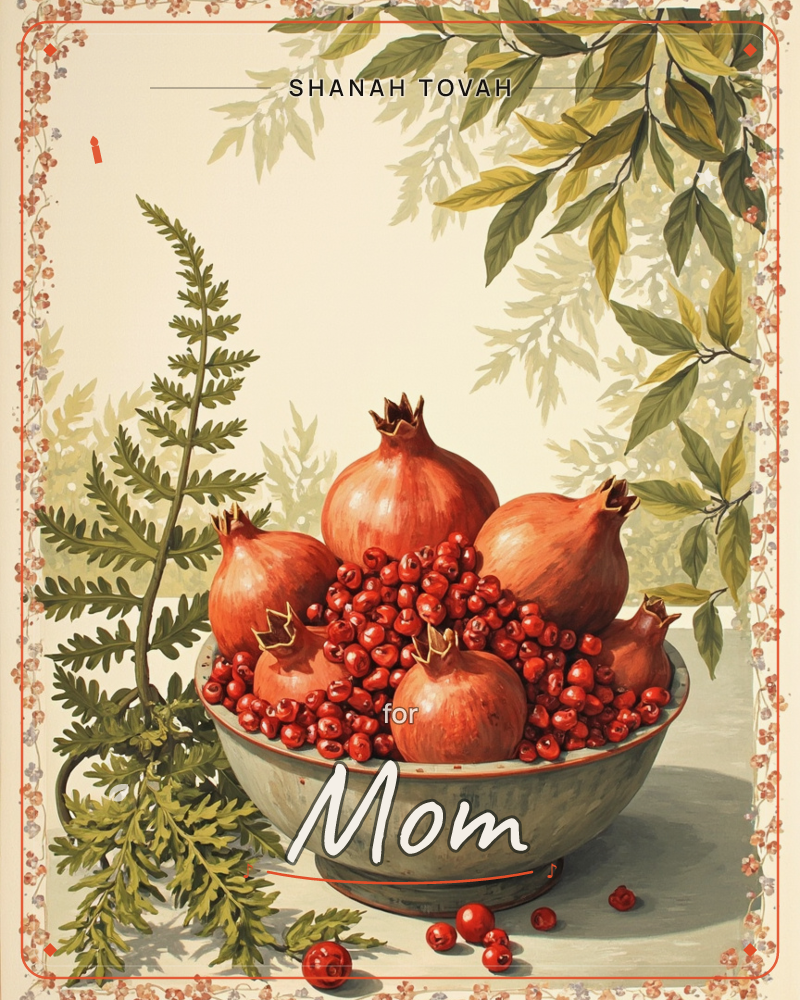 A wide ceramic bowl overflows with whole pomegranates and loose red berries, set against a cream background hazy with painted leaf silhouettes, a rosh hashanah e-card design