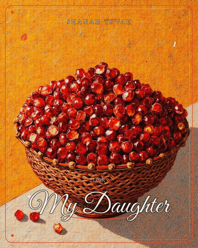 A woven wicker basket sits heaped with glossy deep-red cranberries, their skins catching sharp highlights against a mottled amber-gold backdrop, a rosh hashanah e-card design