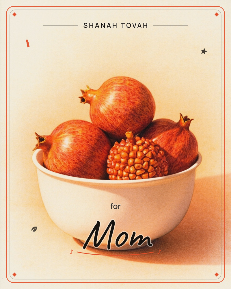 A white ceramic bowl holds three whole pomegranates and one cut open to reveal its glistening seeds, all rendered in rich reddish-orange tones against…, a rosh hashanah e-card design