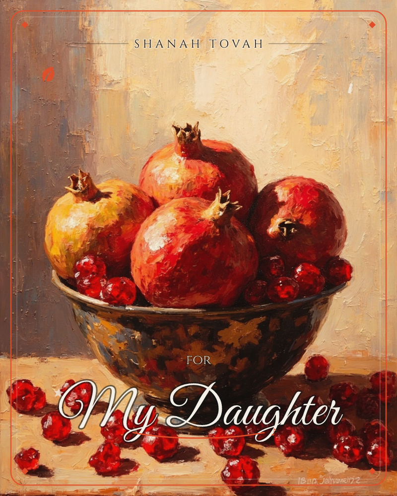 A dark, mottled bowl holds four ripe pomegranates and a scatter of loose red berries, painted in thick, glowing brushstrokes against a warm, hazy…, a rosh hashanah e-card design