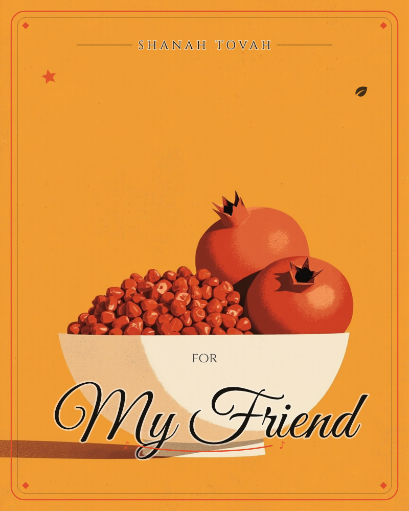 A white pedestal bowl holds two whole pomegranates and a heap of loose ruby seeds, set against a glowing amber background that darkens into deep brown…, a rosh hashanah e-card design