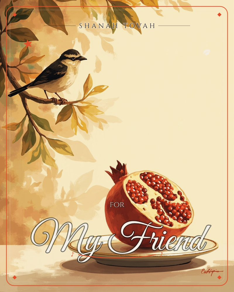 A small black and white bird perches on a leafy branch in the upper corner, looking down toward a halved pomegranate resting on a gold-rimmed plate below, a rosh hashanah e-card design