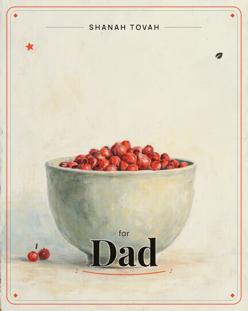 A pale sage-green bowl sits centred on a bare, cream-toned surface, heaped with glossy red berries or cranberries, a rosh hashanah e-card design