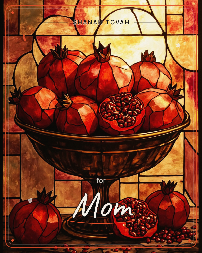 A stained-glass style illustration shows a bronze pedestal bowl heaped with whole pomegranates, one sliced open to reveal glistening seeds, set against…, a rosh hashanah e-card design
