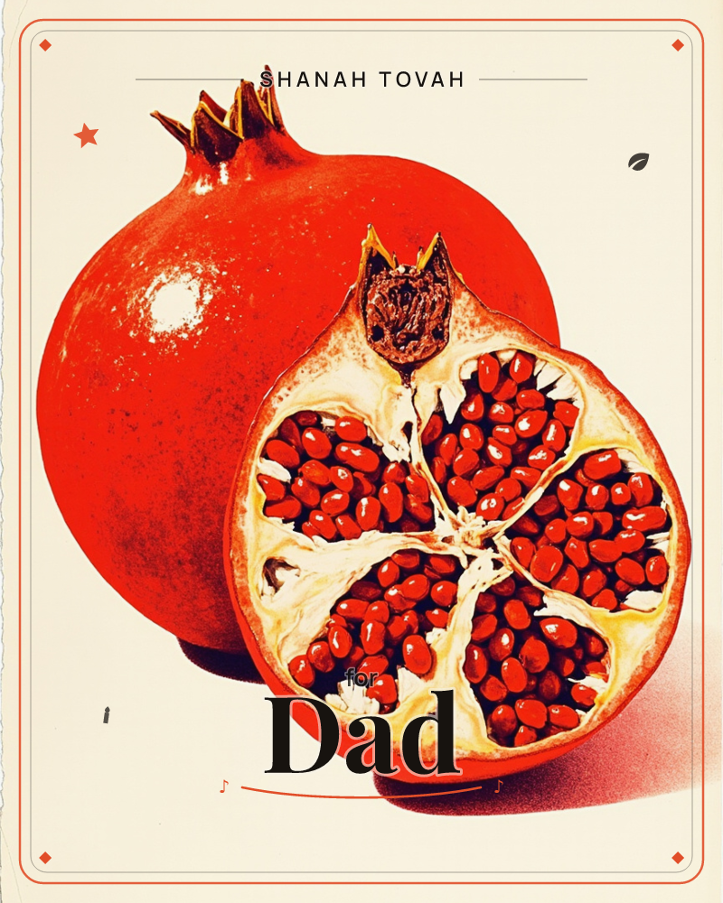 A whole bright red pomegranate stands beside its own half, sliced open to reveal clustered ruby seeds nestled in pale honeycomb pith, a rosh hashanah e-card design
