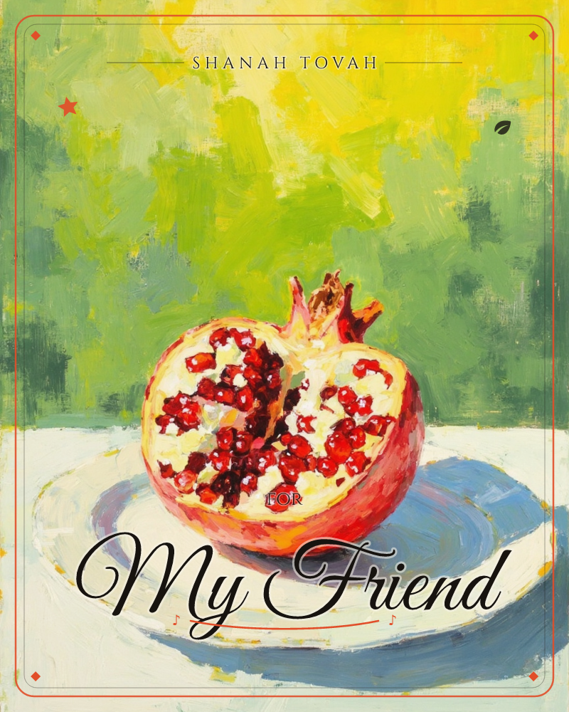 A halved pomegranate sits on a white plate, its ruby seeds spilling open under warm light, a rosh hashanah e-card design