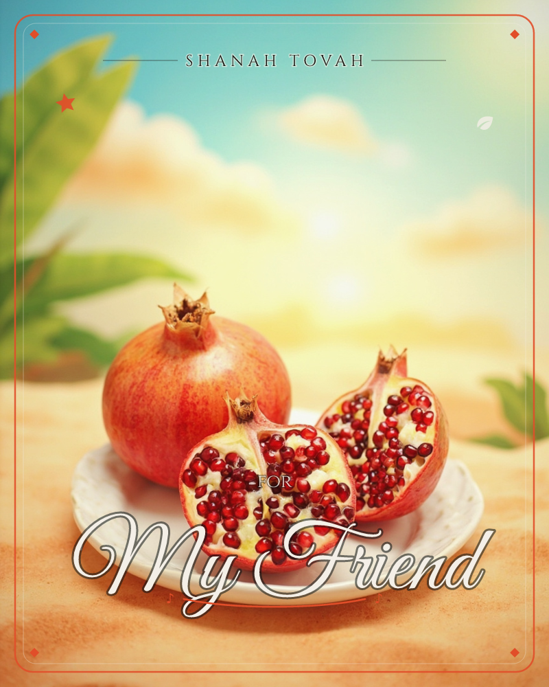A whole pomegranate sits beside two halves split open to reveal glistening ruby seeds, arranged on a white scalloped plate, a rosh hashanah e-card design