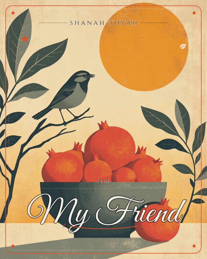 A grey songbird perches mid-song on a bare branch beside a bowl heaped with ripe pomegranates, one fruit rolled loose on the ground in front, a rosh hashanah e-card design