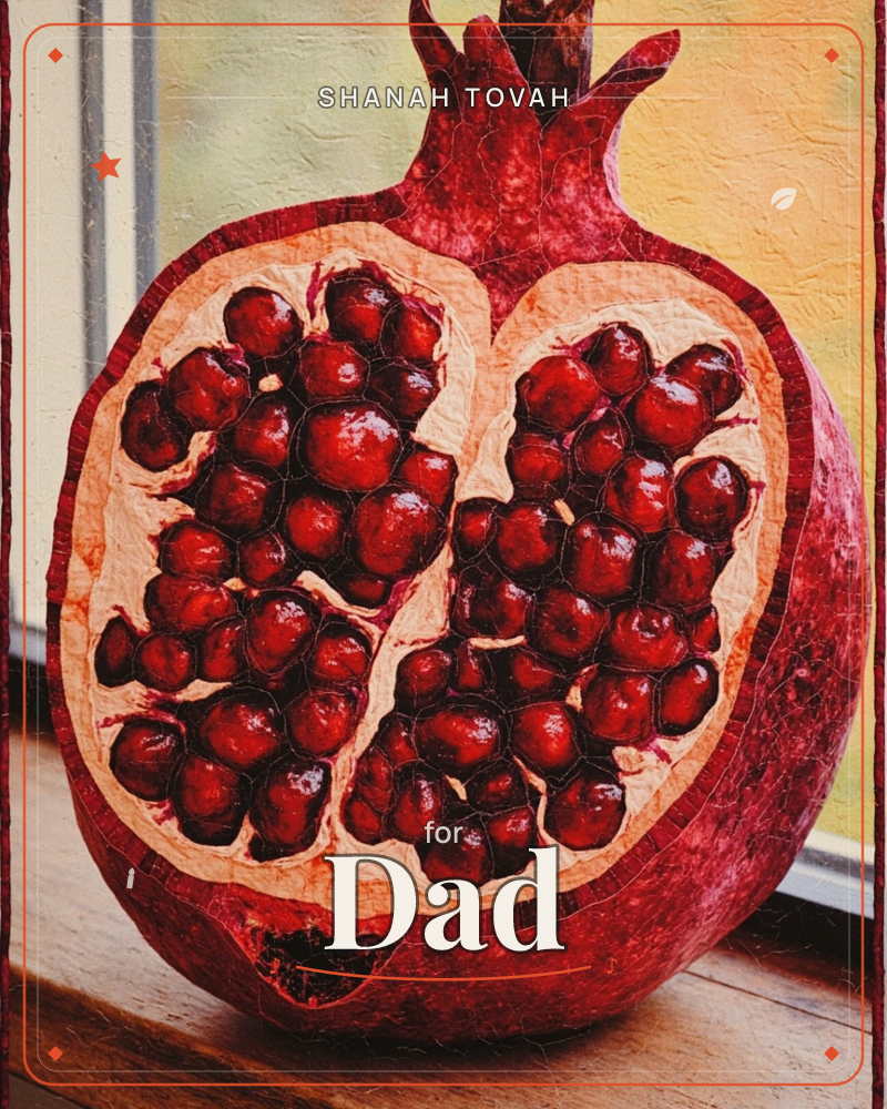 A pomegranate cut open sits on a windowsill, its two halves splitting to reveal glossy clusters of ruby-red seeds packed in pale cream flesh, a rosh hashanah e-card design