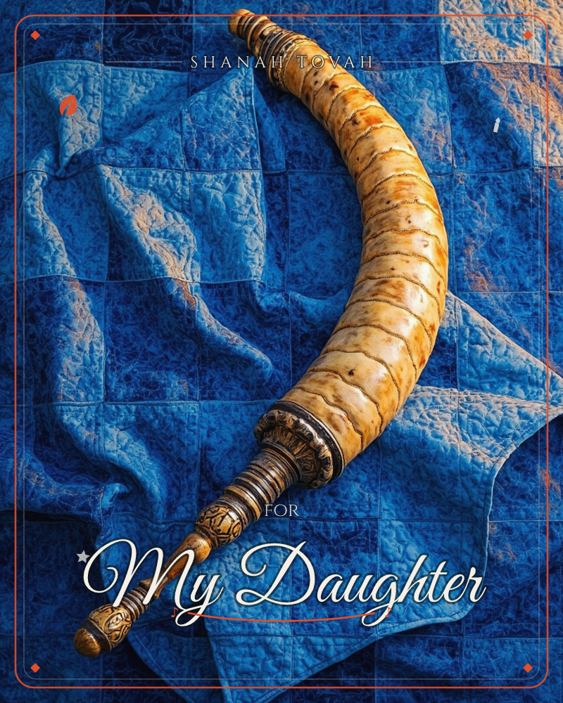A curved ceremonial horn with a ridged, honey-toned surface rests diagonally across a richly quilted blue fabric, a rosh hashanah e-card design